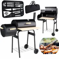 GRILL OGRODOWY GRIL WĘGLOWY Z POKRYWĄ Z PÓŁKAMI ZAMYKANY BECZKA + WĘDZARNIA