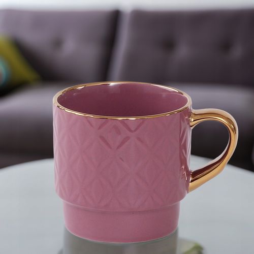 PORCELANOWY KUBEK NA KAWĘ HERBATĘ WRZOSOWY ZDOBIONY ZE ZŁOTYM UCHEM 340ML na Arena.pl