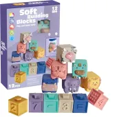 EDUKACYJNE KOLOROWE MIĘKKIE KLOCKI SENSORYCZNE ZWIERZĄTKA ZESTAW 12 SZT.
