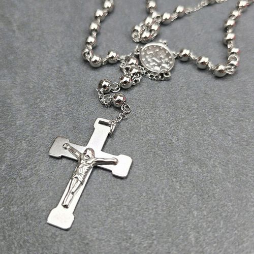 Srebrny Naszyjnik Różaniec z Krzyżem Stal Męski Łańcuszek na Arena.pl