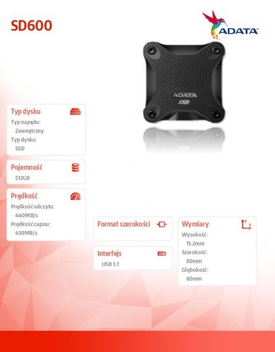 Adata SSD External SD600 512G 2.5'' USB3.1 TLC 3D Czarny na Arena.pl