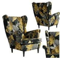 Fotel uszak skandynawski czarny złoty monstera palmy Print Family Meble