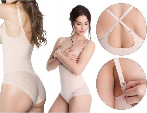 Julimex Beżowe wyszczuplające body pod biust z siateczką XXL na Arena.pl