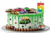 OPŁATEK ZESTAW NA URODZINY SZYBKIE AUTA WYŚCIGÓWKI + IMIĘ