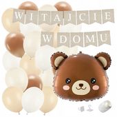 ZESTAW balonów WITAJCIE W DOMU miś + beżowe balony kremowe powitanie witaj