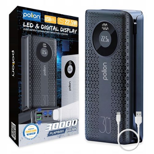 Powerbank POLION Szybkie Ładowanie 22.5W 30000mAh USB-C USB-A PD3.0 QC3.0 na Arena.pl