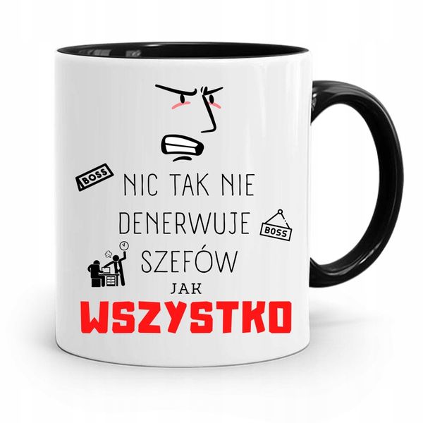 Kubek Czarny Prezent Szefa Wszystko Denerwuje Z Nadrukiem Ze Zdjęciem zdjęcie 1