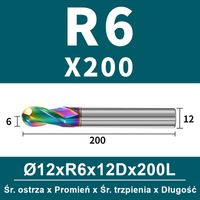 Frez kulowy, kula 2-ostrzowy VHM powłoka DLC Rozmiar: Ø12.0xR6x12Dx200L