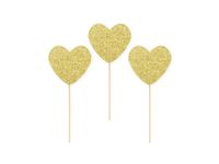 Pikery dekoracyjne, Serca, brokatowe złoto, 9 cm, 6 szt.