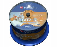 Płyta DVD-R VERBATIM 4,7GB 16x 50szt (cake 50) białe do nadruku