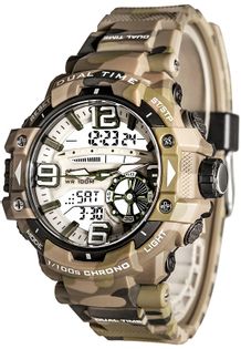Oceanic Duży zegarek męski, wielofunkcyjny, wzór militarny, LCD/LED + Analog, WR 100M