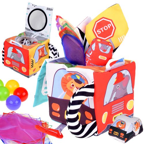 KOLOROWA  KOSTKA SENSORYCZNA POJAZDY PUDEŁKO Z CHUSTECZKAMI na Arena.pl