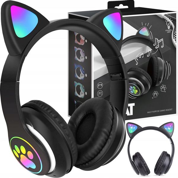 SŁUCHAWKI BEZPRZEWODOWE Z MIKROFONEM KOLOROWE KOCIE USZY LED DLA DZIECI zdjęcie 1