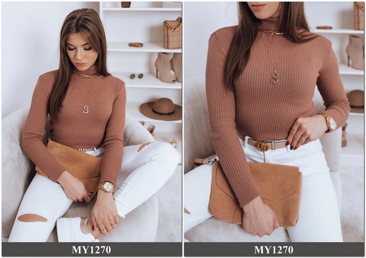 PRĄŻKOWANY SWETER DAMSKI GOLF KOLORY ox129 UNI zdjęcie 4