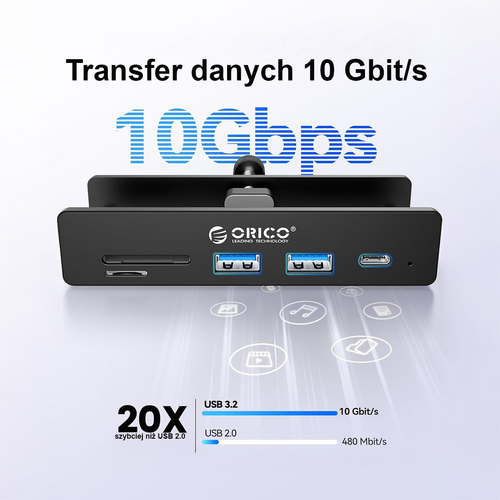 Orico Aktywny hub USB-C 10Gbps, 15W, przykręcany, 2x USB-A, czytnik SD, na Arena.pl