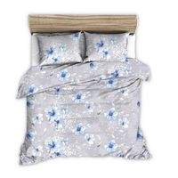 Pościel z kory 160x200 szara duże niebieskie rysowane kwiaty