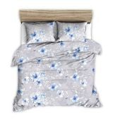 Pościel z kory 160x200 szara duże niebieskie rysowane kwiaty