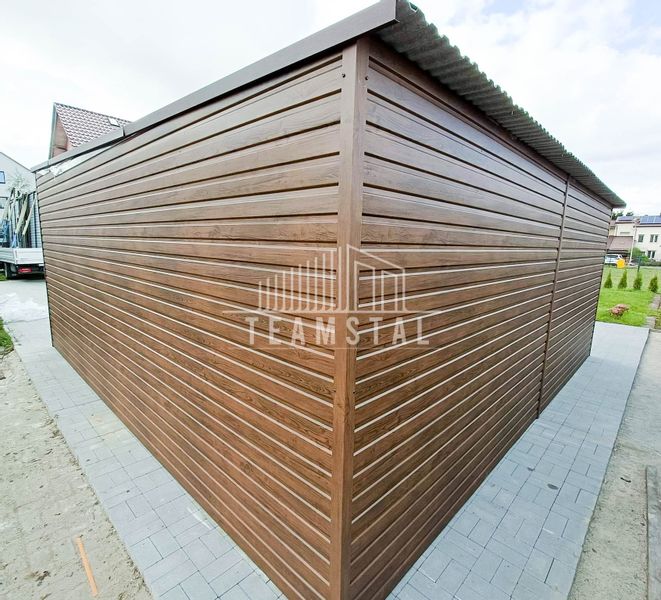 GARAŻ BLASZANY 6m x 5,8m poziom - spad tył 2x Brama uchylna + drzwi - ciemny orzech - drewnopodony TS241 6x5,8 zdjęcie 6