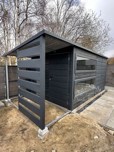 Schowek Domek Ogrodowy 4x2,5 m  wiata 1,2 x 2,5 m  Antracyt  ID532 na Arena.pl