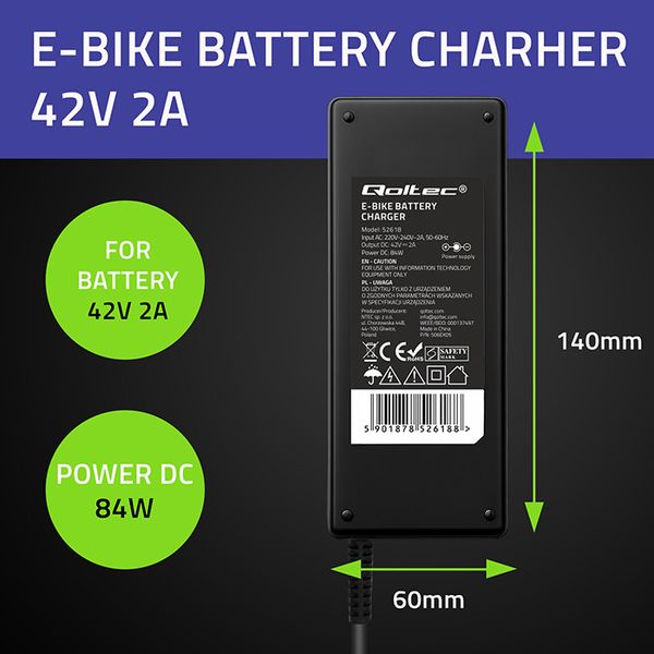 Ładowarka Qoltec 42V 2A do e-bike - GX16, 84W, IP54 zdjęcie 6