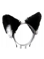 Opaska kocie uszy futrzane czarne z białymi środkami miękkie strój bal karnawałowy cosplay