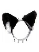 Opaska kocie uszy futrzane czarne z białymi środkami miękkie strój bal karnawałowy cosplay