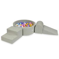 Piankowy plac zabaw z basenem okrągłym 90x30 jasnoszary + 200 piłek (jasny błękit, żółte, wrzos, pudrowy róż, białe)