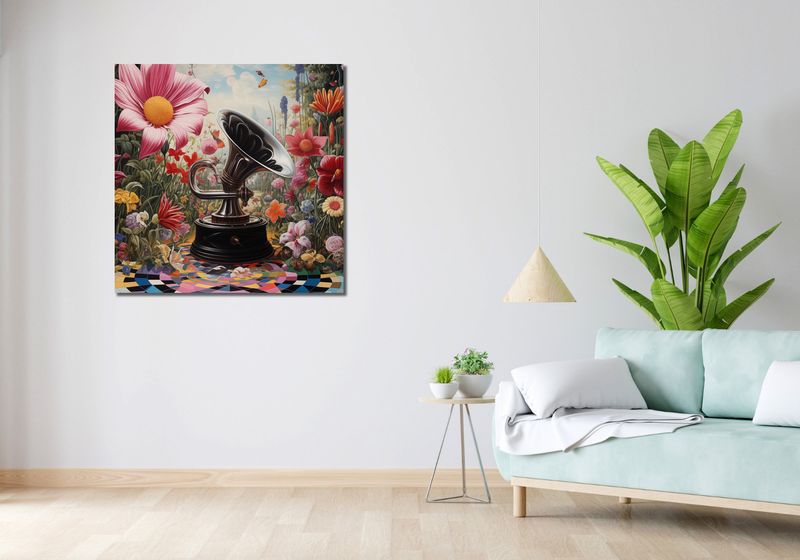 Obraz 90x90cm Gramofon w Kwiatach zdjęcie 2