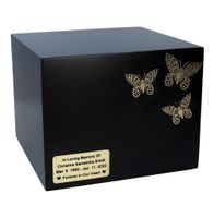 Czarna urna z motylami urna kremacyjna w kształcie pudełka / Plakietka