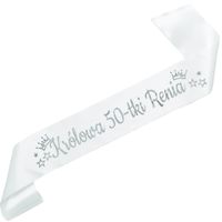 Królowa 50-tki z imieniem - biała szarfa ze srebrnym nadrukiem