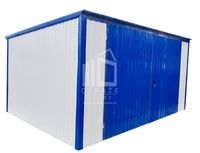 GARAŻ BLASZANY 4m x 5m pion - spad w tył - Brama - niebieski + biały 4x5