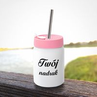 Kubek ze słomką 480 ml z Twoim nadrukiem - różowa silikonowa pokrywka