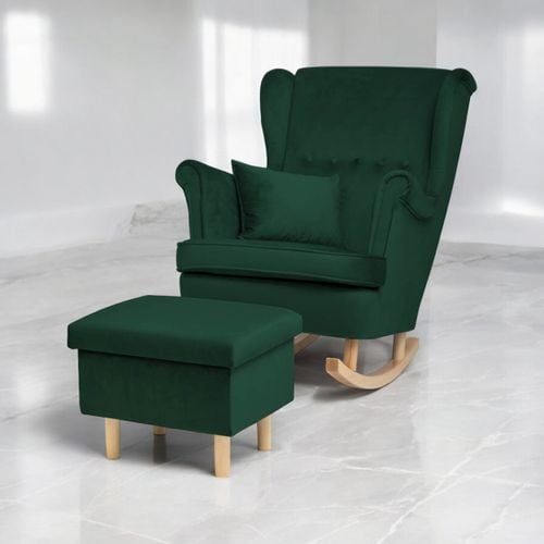 ZIelony Fotel Bujany Uszak + Podnóżek ze schowkiem + Poduszka na Arena.pl