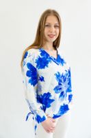 Niebiesko-Beżowa Bluzka Damska Bufiastymi Rękawkami ¾ 40