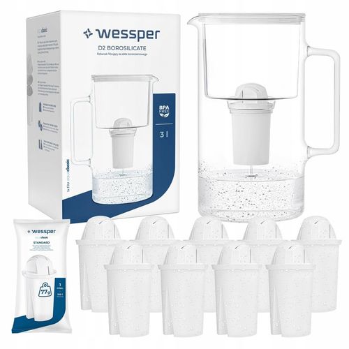 Dzbanek filtrujący szklany Wessper 3l Biały + 10x Filtr aquaclassic 77g na Arena.pl