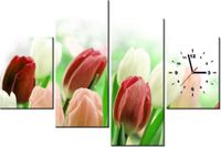 120CM 80CM ZEGAR 4 ELEM CZERWONE TULIPANY OBRAZ ŚCIENNY