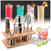 DUŻY ZESTAW BARMAŃSKI DO DRINKÓW STOJAK BAMBUSOWY SHAKER STALOWY