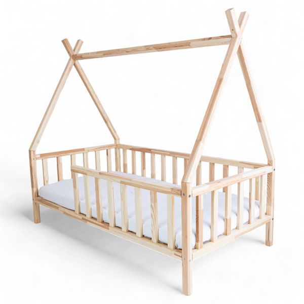ŁÓŻKO TIPI 140x80 DREWNIANE ŁÓŻKO DZIECIĘCE BARIERKA + STELAŻ SOSNA
