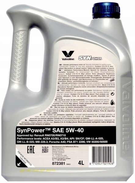Olej Valvoline SYNPOWER 5W40 4L zdjęcie 8