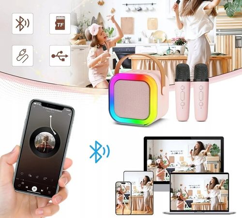 GŁOŚNIK PRZENOŚNY ZESTAW DO KARAOKE RGB BLUETOOTH 2 MIKROFONY USB JACK PINK na Arena.pl