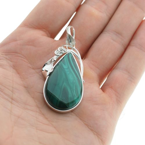 Zawieszka malachit łza w srebrze z liśćmi na Arena.pl