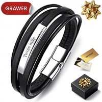 CZARNA SKÓRZANA BRANSOLETKA MĘSKA SREBRNA GRAWER 925 NA PREZENT DLA FACETA