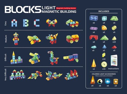 ŚWIECĄCE KLOCKI MAGNETYCZNE KONSTRUKCYJNE 3D134 elementów na Arena.pl