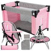 Zestaw dla Lalek 2w1 Łóżeczko Krzesełko do Karmienia Huśtawka Pościel Torba