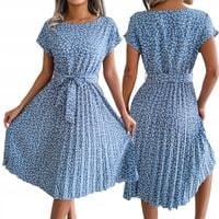 letnia elegancka sukienka damska plisowana midi w kwiaty luźna z paskiem
