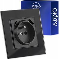 Gniazdko pojedyncze SZKLANE 230V KONTAKT z BOLCEM uziemieniem CZARNE USB C