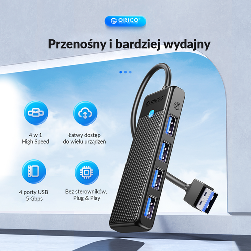 Orico Hub USB-A 4 porty USB-A 3.0 5 Gbps czarny na Arena.pl