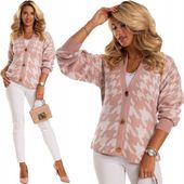 Luźny Oversize SWETER Sweterek KARDIGAN Na Guziki Pepitka Puder