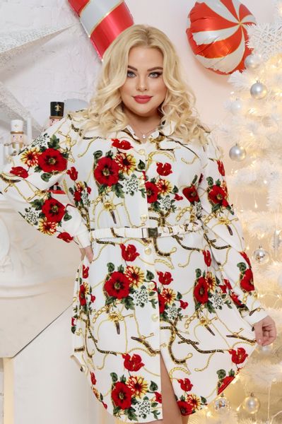 Świąteczna sukienka koszulowa w kwiaty Sw-02 z paskiem, biała Rozmiar - XXL/XXXL (4) na Arena.pl