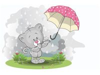 60X40CM KOTEK DESZCZU RÓŻOWĄ PARASOLKĄ OBRAZ